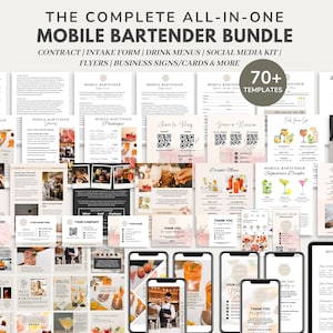 Contrat/contrat de barman mobile, modèle modifiable Canva, publication sur les réseaux sociaux d&#39;un barman pour un événement, carte des boissons du bar, liste de prix, flyer