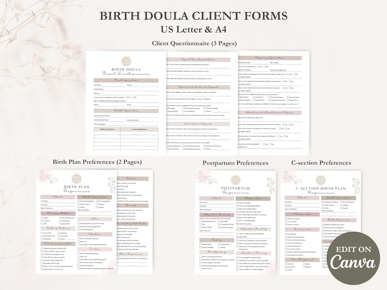 Birth Doula Contract Agreement, Birth Doula Client Intake Form, Editable Paperwork, Welcome Book, Price List Template, Invoice, CANVA image 4