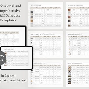 May include: A set of printable FF&E schedule templates for interior design projects. The templates are organized into categories such as tile, flooring, furniture, lighting, and cabinets. The templates are editable in Canva.