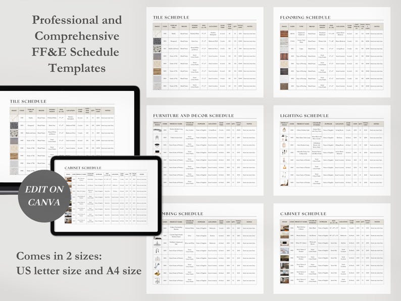 May include: A set of printable FF&E schedule templates for interior design projects. The templates are organized into categories such as tile, flooring, furniture, lighting, and cabinets. The templates are editable in Canva.