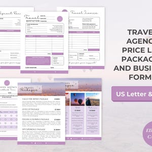 K&ouml;nnte beinhalten: Eine druckbare Preisliste und Gesch&auml;ftsformulare in Lila und Wei&szlig; f&uuml;r ein Reiseb&uuml;ro. Die Formulare umfassen ein Reiseangebot, eine Zahlungsbest&auml;tigung, eine Reiserechnung und ein Feedback-Formular. Die Preisliste enth&auml;lt vier verschiedene Reisepakete mit Beschreibungen und Preisen. Das Bild enth&auml;lt den Text "Reiseb&uuml;ro Preisliste Pakete und Gesch&auml;ftsformulare" und "US Letter & A4".