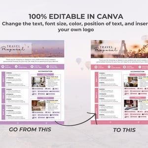 K&ouml;nnte beinhalten: Eine rosa und wei&szlig;e Vorlage f&uuml;r einen Reisevorschlag mit dem Text "TRAVEL Proposal" oben. Die Vorlage enth&auml;lt einen Beispiel-Reiseplan mit einer Liste von Aktivit&auml;ten und Unterk&uuml;nften. Der Text "GO FROM THIS" und "TO THIS" befindet sich unten auf der Vorlage.