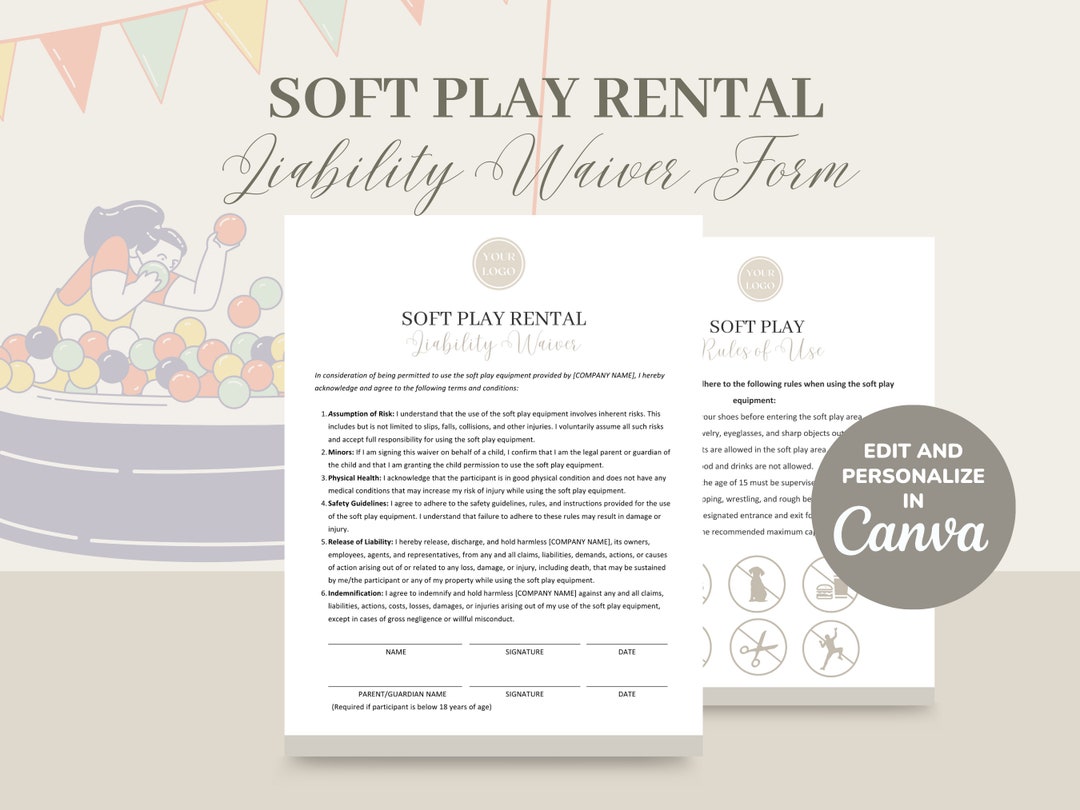 Soft Play Rental Liability Waiver Form Template, Editable/printable ...