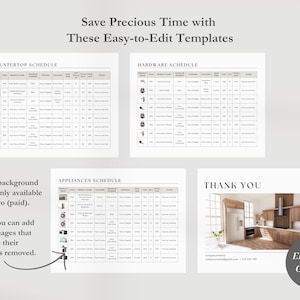 May include: Four printable kitchen design templates for countertops, hardware, appliances, and a thank you page. The templates are designed to be edited in Canva. The text on the thank you page reads "Thank You" and "Edit on Canva".