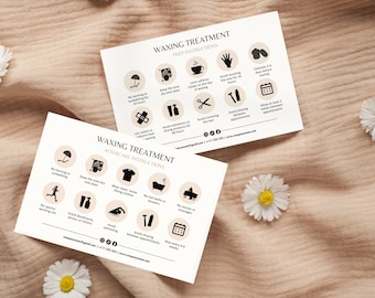 May include: Two white cards with black icons and text outlining waxing treatment prep and aftercare instructions. The cards are on a light brown fabric background with white daisies.