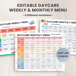 Puede incluir: Plantillas de menú semanal y mensual de guardería editables. Las plantillas son coloridas y presentan una variedad de opciones de comidas para el desayuno, el almuerzo y las meriendas. El texto "Edit on Canva" es visible en la esquina inferior derecha.