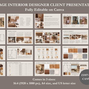 May include: A 34-page interior designer client presentation template in a beige and brown color scheme. The template is fully editable on Canva and comes in three sizes: 16:4 (1920 x 1080 pixels), A4, and US letter.