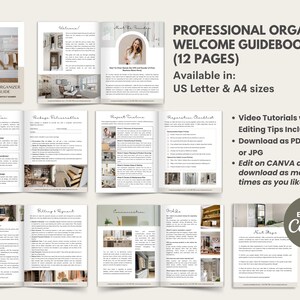 Puede incluir: Gu&iacute;a de bienvenida para organizador profesional de 12 p&aacute;ginas, disponible en tama&ntilde;os US Letter y A4. Incluye tutoriales en v&iacute;deo, descargas PDF y edici&oacute;n en Canva. La portada muestra un dise&ntilde;o de armario. Medidas en cm.