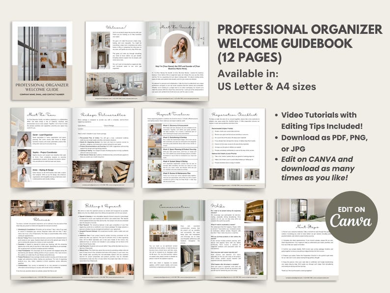 Puede incluir: Gu&iacute;a de bienvenida para organizador profesional de 12 p&aacute;ginas, disponible en tama&ntilde;os US Letter y A4. Incluye tutoriales en v&iacute;deo, descargas PDF y edici&oacute;n en Canva. La portada muestra un dise&ntilde;o de armario. Medidas en cm.