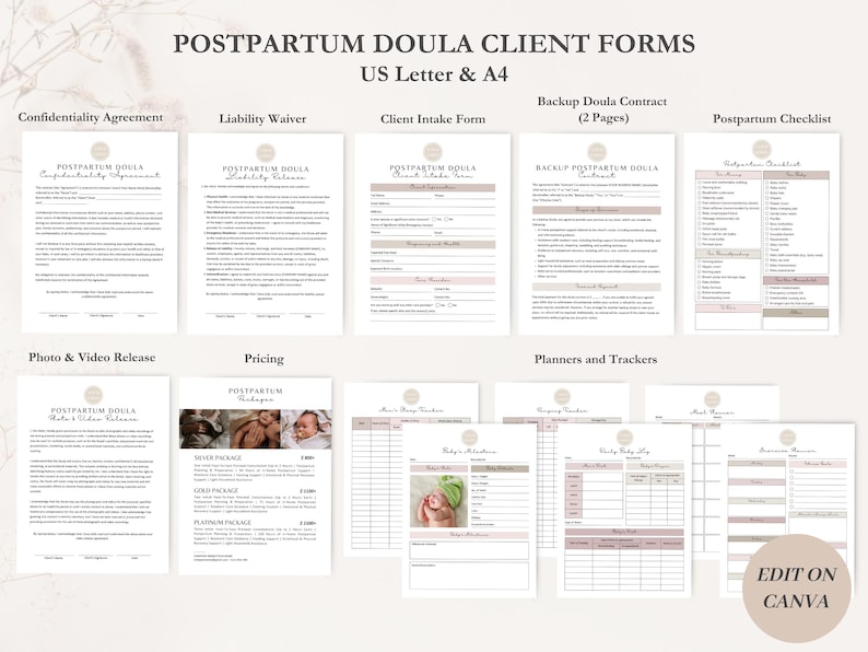 K&ouml;nnte beinhalten: Ein Satz druckbarer Formulare f&uuml;r Postpartum-Doulas, darunter eine Vertraulichkeitsvereinbarung, ein Haftungsausschluss, ein Kundenaufnahmeformular, ein Vertrag f&uuml;r eine Backup-Doula, eine Postpartum-Checkliste, eine Foto- und Video-Freigabe, Preisgestaltung und Planer und Tracker. Die Formulare sind so konzipiert, dass sie in Canva bearbeitet werden k&ouml;nnen.