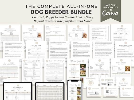 Dog Breeder Contract Agreement Template, Puppy Sale & Adoption Forms, Dog Whelping Charts/Records, Puppy Bill of Sale, Deposit Receipt CANVA