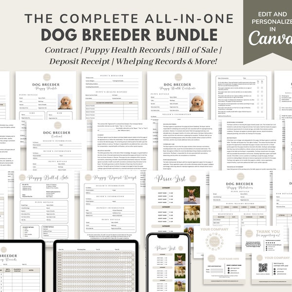 Dog Breeder Contract Agreement Template, Puppy Sale & Adoption Forms, Dog Whelping Charts/Records, Puppy Bill of Sale, Deposit Receipt CANVA