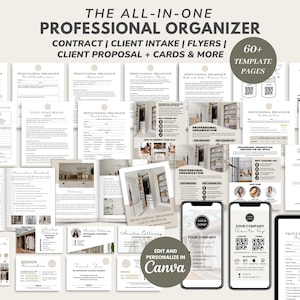 May include: A collection of digital templates for professional organizers. Includes contracts, client intake forms, flyers, client proposals, and cards. The text reads "THE ALL-IN-ONE PROFESSIONAL ORGANIZER" and "EDIT AND PERSONALIZE IN CANVA". The templates are displayed on various devices.