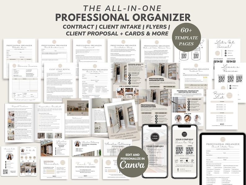 Puede incluir: Un conjunto de plantillas digitales para organizadores profesionales. Incluye contratos, formularios de admisi&oacute;n de clientes, folletos, propuestas de clientes y tarjetas. El texto dice "THE ALL-IN-ONE PROFESSIONAL ORGANIZER" y "EDIT AND PERSONALIZE IN CANVA".