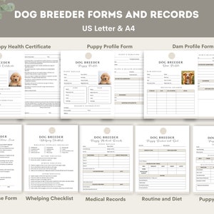 May include: A collection of printable dog breeder forms and records, including a puppy health certificate, profile form, dam profile, photo release, whelping checklist, medical records, routine and diet, and puppy milestones. The forms are available in US Letter and A4 sizes.