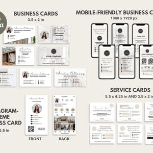 Puede incluir: Una colecci&oacute;n de tarjetas de visita y tarjetas de servicio en varios tama&ntilde;os, incluyendo 8,89 x 5,08 cm y 13,97 x 10,80 cm. Las tarjetas presentan un dise&ntilde;o minimalista con un tema de organizador profesional e incluyen versiones para m&oacute;viles.