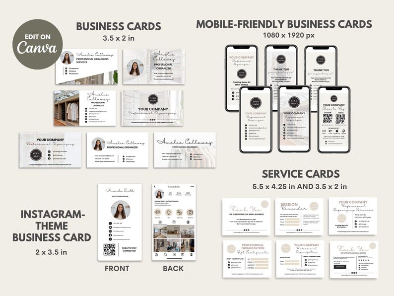 Puede incluir: Una colecci&oacute;n de tarjetas de visita y tarjetas de servicio en varios tama&ntilde;os, incluyendo 8,89 x 5,08 cm y 13,97 x 10,80 cm. Las tarjetas presentan un dise&ntilde;o minimalista con un tema de organizador profesional e incluyen versiones para m&oacute;viles.