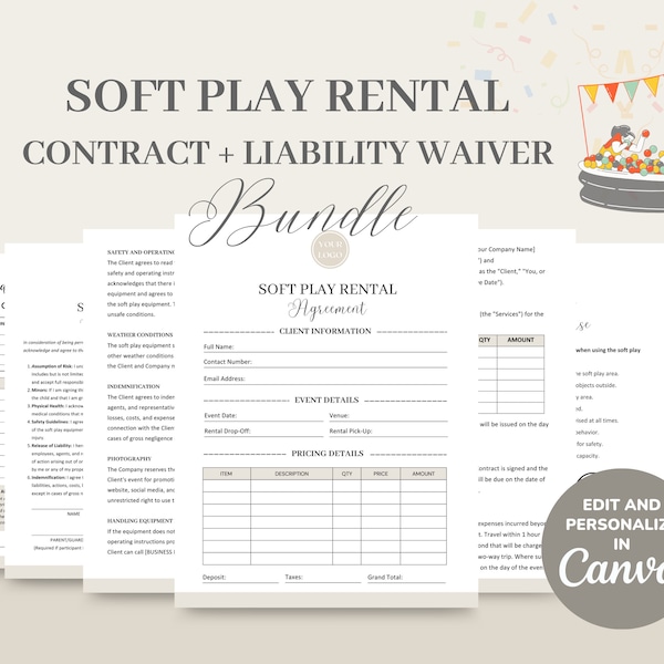 Soft Play Equipment Rental Contract Agreement Template, Editable/Printable Indoor Playground Liability Agreement, Invoice, Quotation, CANVA