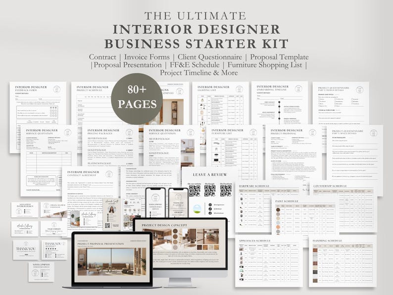 May include: A collection of printable documents for interior designers, including contracts, invoices, client questionnaires, proposals, FF&E schedules, furniture shopping lists, and project timelines. The kit includes over 80 pages and is designed to help interior designers streamline their business processes.
