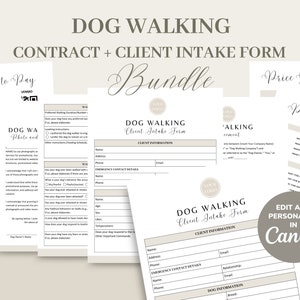 Dog Walking Service Agreement/Contract Template, Editable & Printable Dog Walking Business New Client Intake Form, Invoice, CANVA