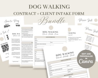 Dog Walking Service Agreement/Contract Template, Editable & Printable Dog Walking Business New Client Intake Form, Invoice, CANVA