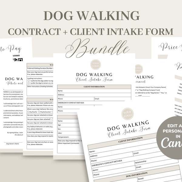 Dog Walking Service Agreement/Contract Template, Editable & Printable Dog Walking Business New Client Intake Form, Invoice, CANVA