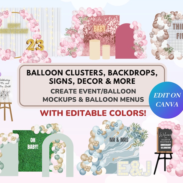 Bundel met mockups voor ballonnen/evenementen, bewerkbare mockup voor het menu van een ballonnenartiest, elementen voor ballonnenslingers voor bedrijven, decoratiemockup op CANVA