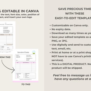 Puede incluir: Un producto digital que muestra c&oacute;mo editar una plantilla de factura de servicio en Canva. La imagen muestra un ejemplo de antes y despu&eacute;s de la plantilla. El texto en la imagen dice "100% Editable in Canva. Change the text, font size, color, position of text, and insert your own logo. Go from this to this. Save precious time with these easy-to-edit templates. Customizable on Canva only. No expiry date. Download as many times as you wish. Save your edited template as a PDF, PNG, or JPG. Use digitally and send to customers via text, email, etc. Print at home or at a print shop (You do NOT have to use Canva's printing services). This is a DIGITAL PRODUCT. No physical product will be shipped. Feel free to message us if you have any questions at all. :)"