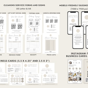 May include: A set of printable cleaning service forms and signs in US Letter and A4 sizes. The forms include a scan to pay sign, a let's get social sign, a tipping sign, a leave a review sign, a quotation form, an invoice form, a receipt, and price lists. The signs feature a minimalist design with a brown circle logo and black text. The set also includes mobile-friendly business cards in two sizes: 5.5 x 4.25 inches and 3.5 x 2 inches. The business cards feature a variety of designs, including a thank you card, a gift certificate, and a loyalty card. The cards also include a QR code for customers to scan.
