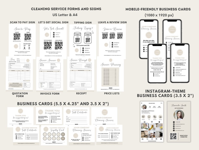 May include: A set of printable cleaning service forms and signs in US Letter and A4 sizes. The forms include a scan to pay sign, a let's get social sign, a tipping sign, a leave a review sign, a quotation form, an invoice form, a receipt, and price lists. The signs feature a minimalist design with a brown circle logo and black text. The set also includes mobile-friendly business cards in two sizes: 5.5 x 4.25 inches and 3.5 x 2 inches. The business cards feature a variety of designs, including a thank you card, a gift certificate, and a loyalty card. The cards also include a QR code for customers to scan.