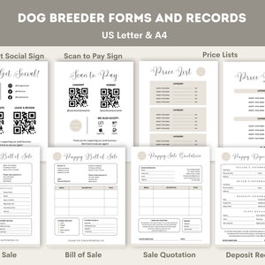 May include: A set of printable forms for dog breeders, including a bill of sale, sale quotation, deposit receipt, and price lists. The forms are designed in a minimalist style with a beige and white color scheme.