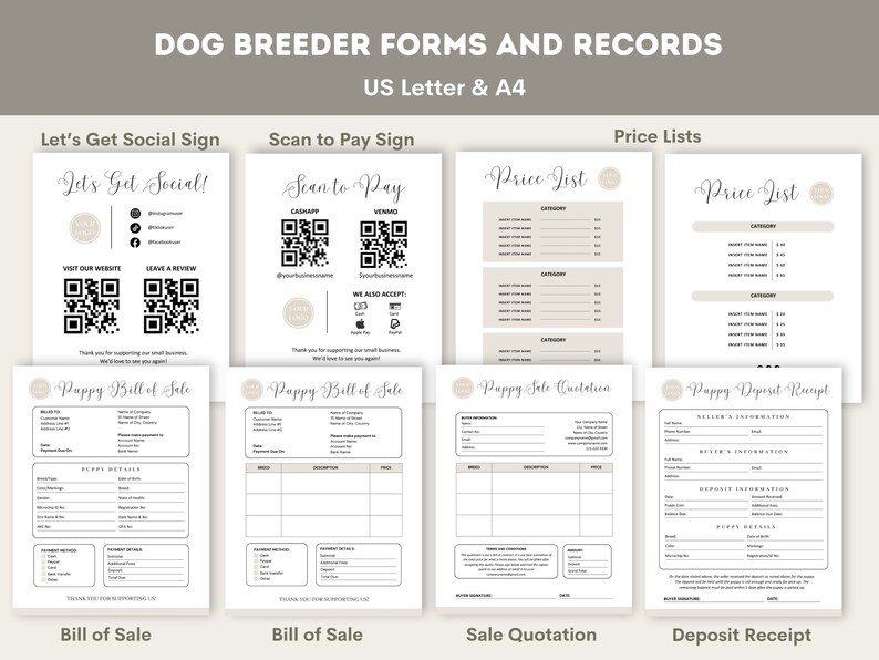 May include: A set of printable forms for dog breeders, including a bill of sale, sale quotation, deposit receipt, and price lists. The forms are designed in a minimalist style with a beige and white color scheme.