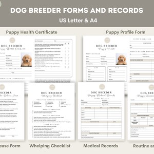 May include: A set of printable dog breeder forms and records in a light brown and white color scheme. The forms include a puppy health certificate, puppy profile form, photo and video release form, whelping checklist, medical records, and routine and diet.