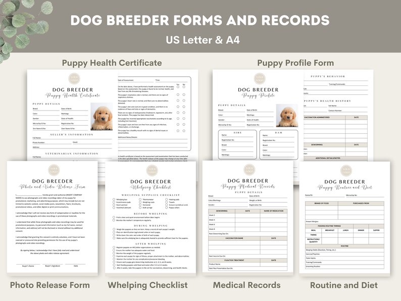 May include: A set of printable dog breeder forms and records in a light brown and white color scheme. The forms include a puppy health certificate, puppy profile form, photo and video release form, whelping checklist, medical records, and routine and diet.