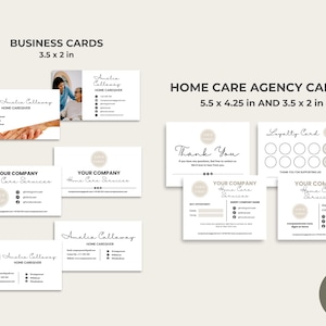 May include: A set of printable business cards for a home care agency. The cards are designed in a minimalist style with a beige and white colour scheme. The cards include a variety of designs, such as a thank you card, a loyalty card, and a business card with a photo of a caregiver. The cards are 3.5 x 2 inches and 5.5 x 4.25 inches. The text on the cards reads "Home Care Agency Cards", "Thank You", "Loyalty Card", "Your Company Home Care Services", and "Amelia Callaway Home Caregiver".
