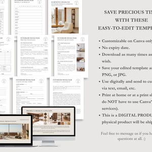 May include: A set of printable interior design templates for Canva. The templates include a project proposal presentation, a client intake form, a contract agreement, a service and pricing package, and a project design concept. The templates are customizable and can be downloaded and printed as many times as needed.
