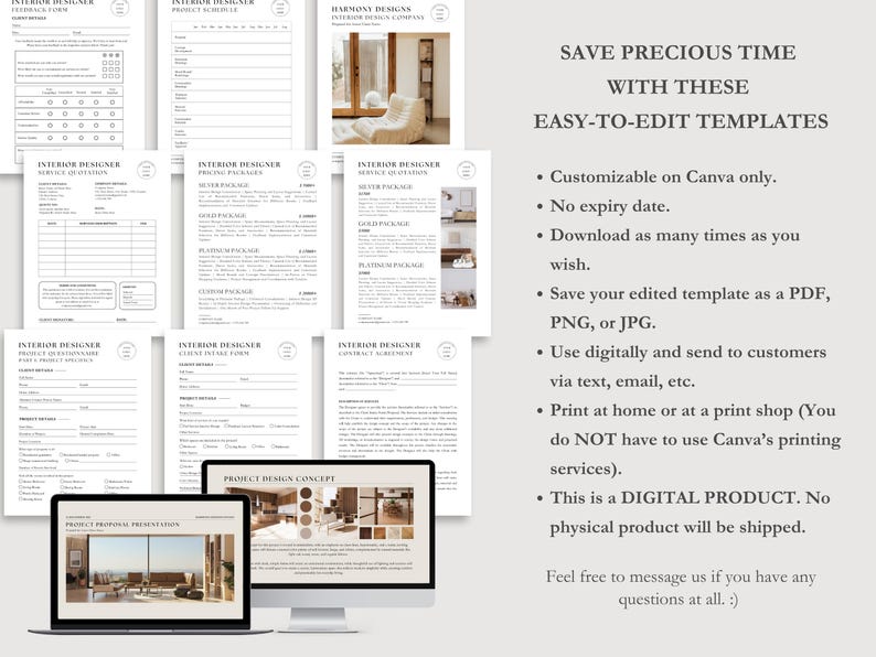May include: A set of printable interior design templates for Canva. The templates include a project proposal presentation, a client intake form, a contract agreement, a service and pricing package, and a project design concept. The templates are customizable and can be downloaded and printed as many times as needed.