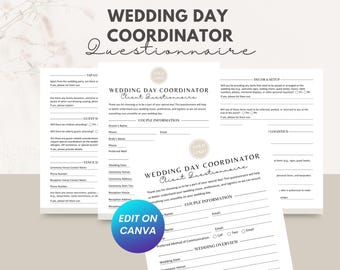 Sjabloon vragenlijst huwelijkscoördinator, tijdlijn coördinatiedag, details, checklist en voorbereiding bruids, vragenlijst klant CANVA