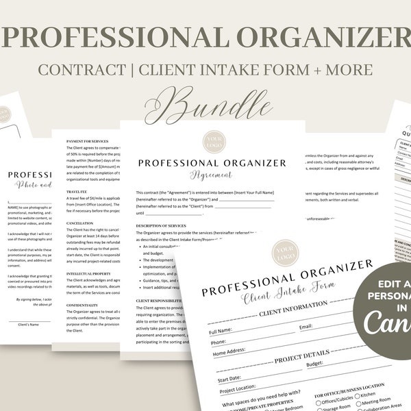 Professional Organizer Service Contract/Agreement, Freelance Organizing Editable Contract Template, Invoice and Quotation Form, CANVA