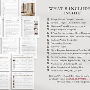 May include: A checklist of items included in an interior designer's digital product. The checklist includes a contract, client intake form, photo and video release agreement, project proposal template, client questionnaire, service invoice and fees quotation templates, package pricing templates, onboarding timeline, feedback form, client proposal presentation template, furniture and fixtures schedule template, business cards, signs, video tutorials, and downloadable files. The text "WHAT'S INCLUDED INSIDE" is at the top of the checklist.