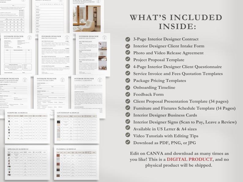 May include: A checklist of items included in an interior designer's digital product. The checklist includes a contract, client intake form, photo and video release agreement, project proposal template, client questionnaire, service invoice and fees quotation templates, package pricing templates, onboarding timeline, feedback form, client proposal presentation template, furniture and fixtures schedule template, business cards, signs, video tutorials, and downloadable files. The text "WHAT'S INCLUDED INSIDE" is at the top of the checklist.
