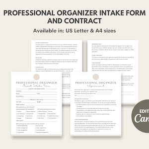 Puede incluir: Un formulario y contrato de admisi&oacute;n de organizador profesional, disponible en tama&ntilde;os US Letter y A4. Los formularios incluyen un formulario de admisi&oacute;n del cliente y un acuerdo. El texto "Edit on Canva" es visible.