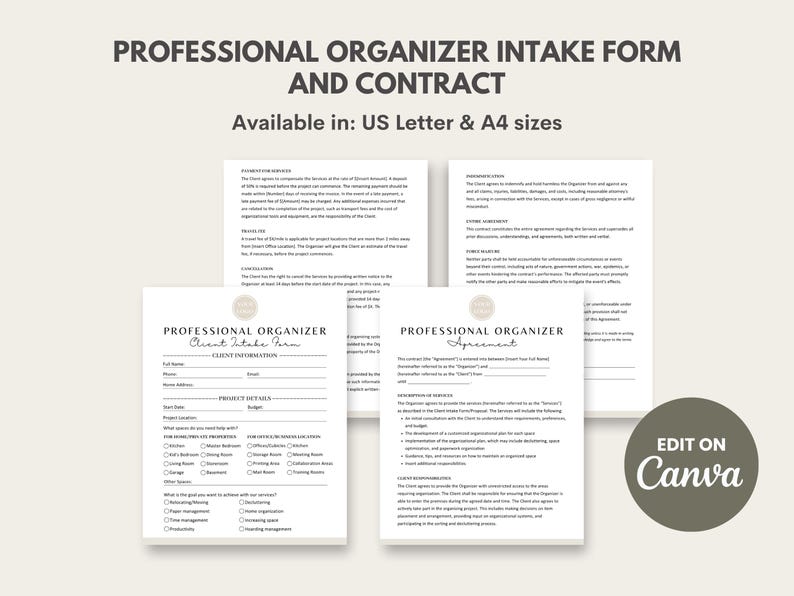 Puede incluir: Un formulario y contrato de admisi&oacute;n de organizador profesional, disponible en tama&ntilde;os US Letter y A4. Los formularios incluyen un formulario de admisi&oacute;n del cliente y un acuerdo. El texto "Edit on Canva" es visible.