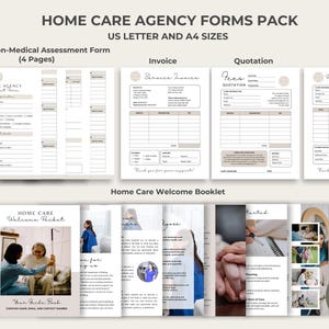 May include: A set of printable forms for a home care agency. The forms include a client non-medical assessment form, an invoice, a quotation, a receipt, and a welcome booklet. The forms are designed in a minimalist style with a beige and white colour scheme.