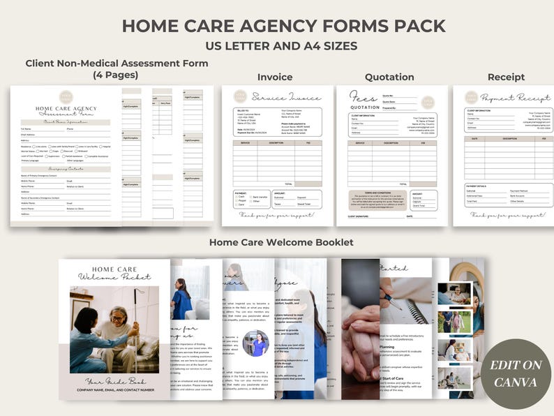 May include: A set of printable forms for a home care agency. The forms include a client non-medical assessment form, an invoice, a quotation, a receipt, and a welcome booklet. The forms are designed in a minimalist style with a beige and white colour scheme.