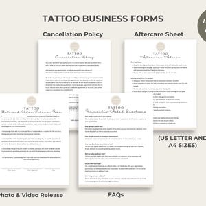 Puede incluir: Cuatro formularios imprimibles para un negocio de tatuajes, que incluyen una pol&iacute;tica de cancelaci&oacute;n, consejos de cuidado posterior, un formulario de liberaci&oacute;n de fotos y videos y preguntas frecuentes. Los formularios est&aacute;n dise&ntilde;ados para ser editados en Canva y est&aacute;n disponibles en tama&ntilde;os US Letter y A4.