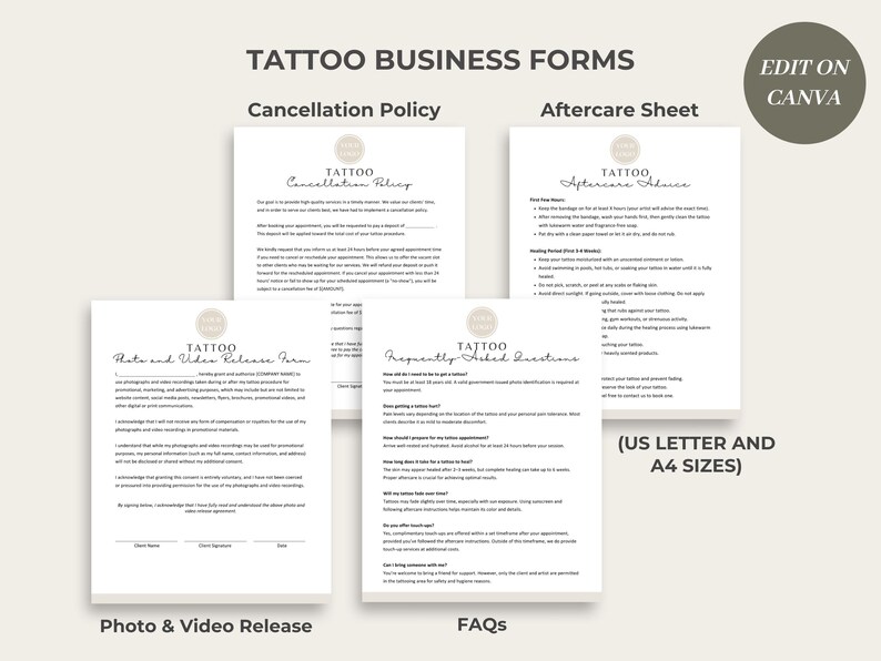 Puede incluir: Cuatro formularios imprimibles para un negocio de tatuajes, que incluyen una pol&iacute;tica de cancelaci&oacute;n, consejos de cuidado posterior, un formulario de liberaci&oacute;n de fotos y videos y preguntas frecuentes. Los formularios est&aacute;n dise&ntilde;ados para ser editados en Canva y est&aacute;n disponibles en tama&ntilde;os US Letter y A4.