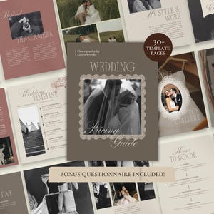Puede incluir: Una plantilla digital de guía de precios para fotografía de bodas con más de 30 páginas, incluyendo un cuestionario adicional. La portada muestra un fondo marrón con una foto en blanco y negro de una pareja bajo un velo, titulada Wedding Pricing Guide.