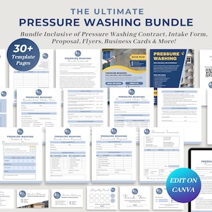 May include: A collection of pressure washing business templates, including contracts, intake forms, and flyers. The design features a blue and white color scheme with the text "THE ULTIMATE PRESSURE WASHING BUNDLE". Includes 30+ template pages.