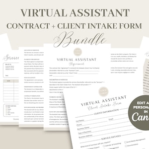 Virtual Assistant Service Contract/Agreement, VA Client Intake Form, Freelance Personal Assistant Editable Contract, Invoice Template, CANVA